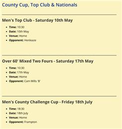 Men's County Cup, Top Club & Nationals – Early Fixture Dates Confirmed
